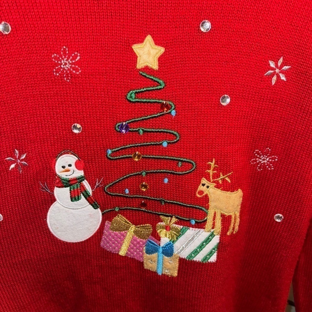 Red Not Ugly Christmas HolidayReindeer Snowman Sweater with Gold Trim Size Large - Picture 2 of 4